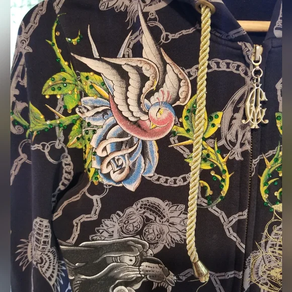 Small Christian Audigier Hoodie zip up Sweatshirt top Ladies Panther Black Gold - Picture 4 of 16